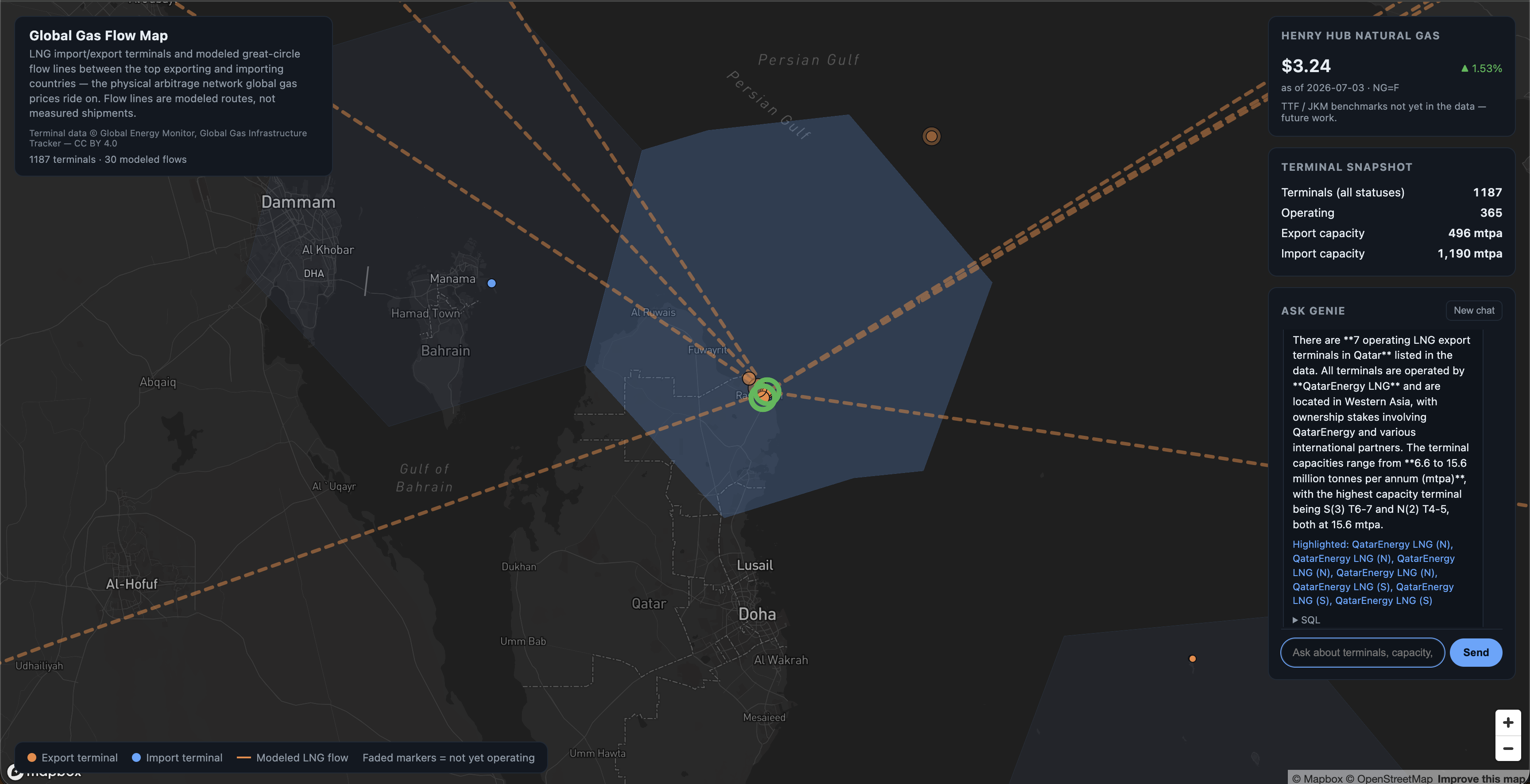 Ask Genie highlighting Qatar's LNG export terminals on the map