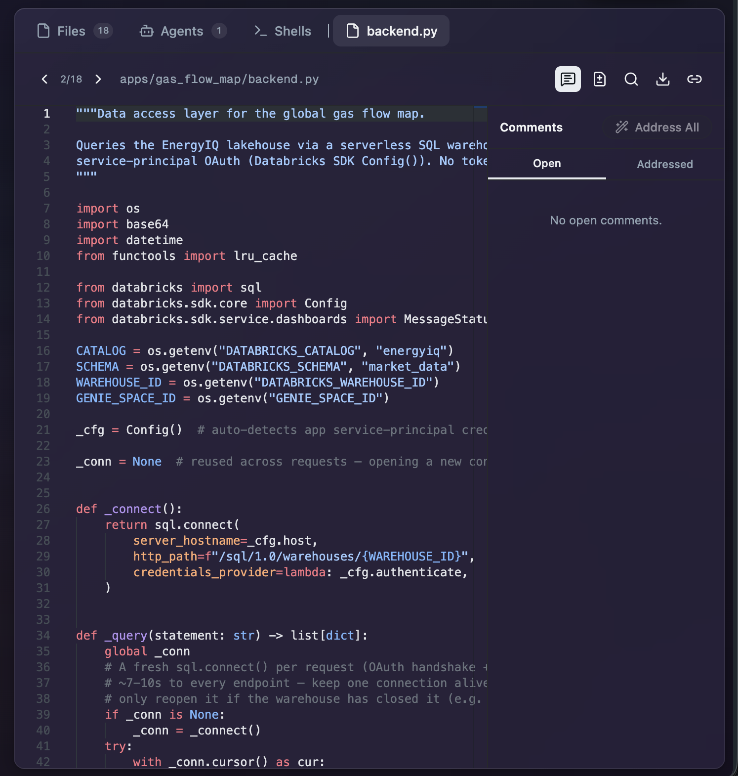 Omnigent per-file review with an inline comments panel