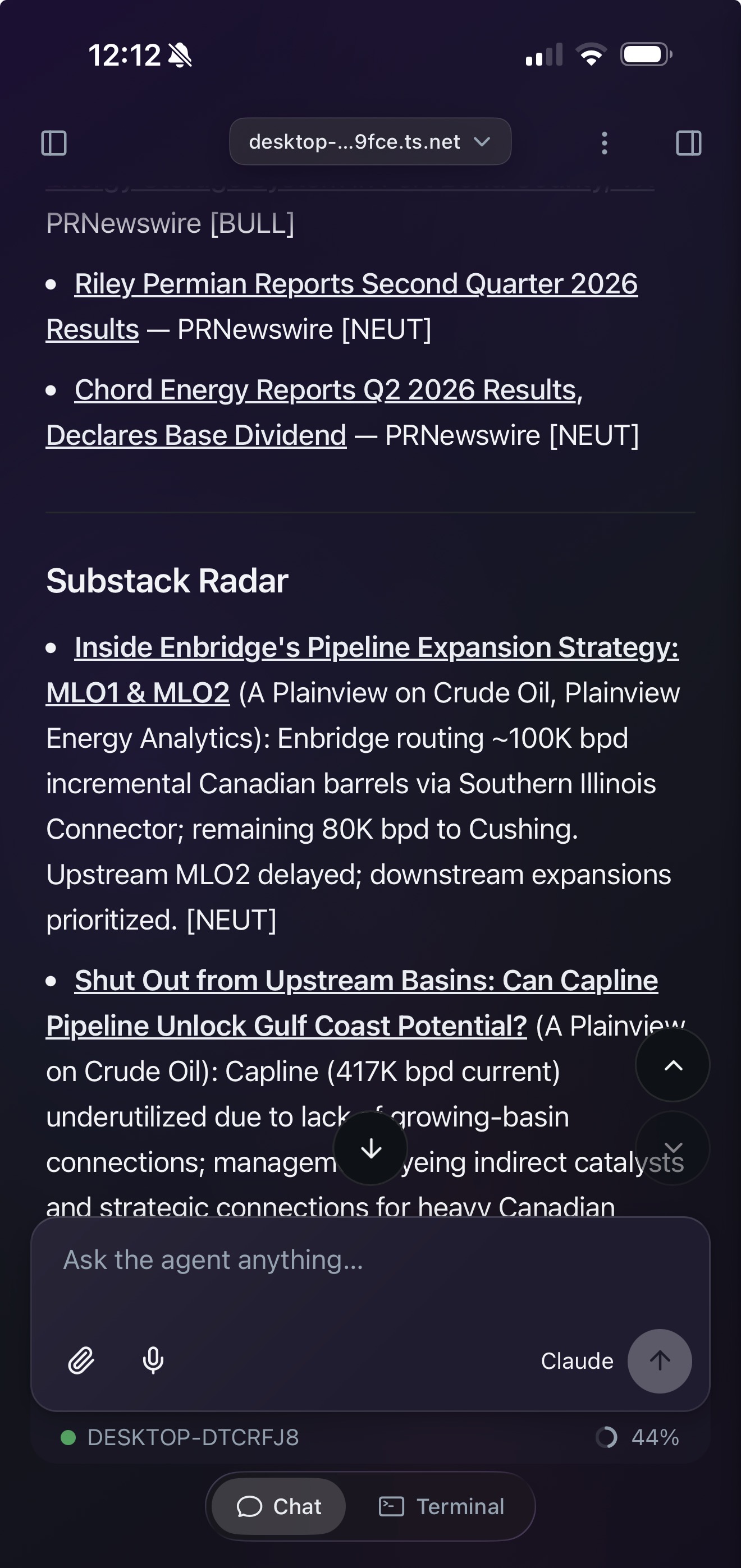 EnergyIQ daily brief on Omnigent mobile, showing Substack Radar with Canadian pipeline coverage
